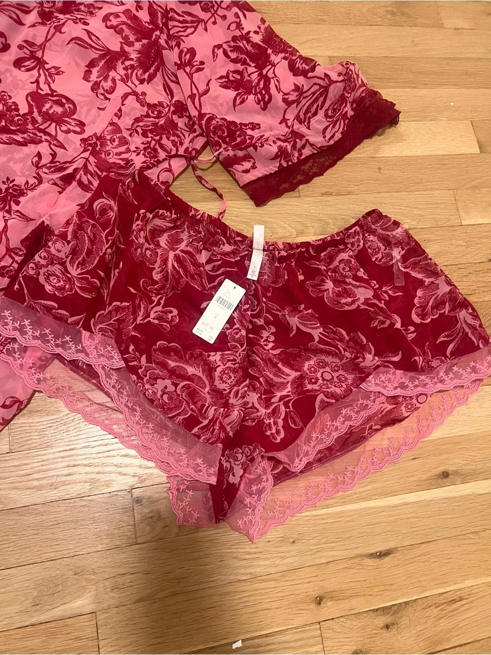 Anthropologie LyreBird Red Floral Lace-Trim Robe & short Set